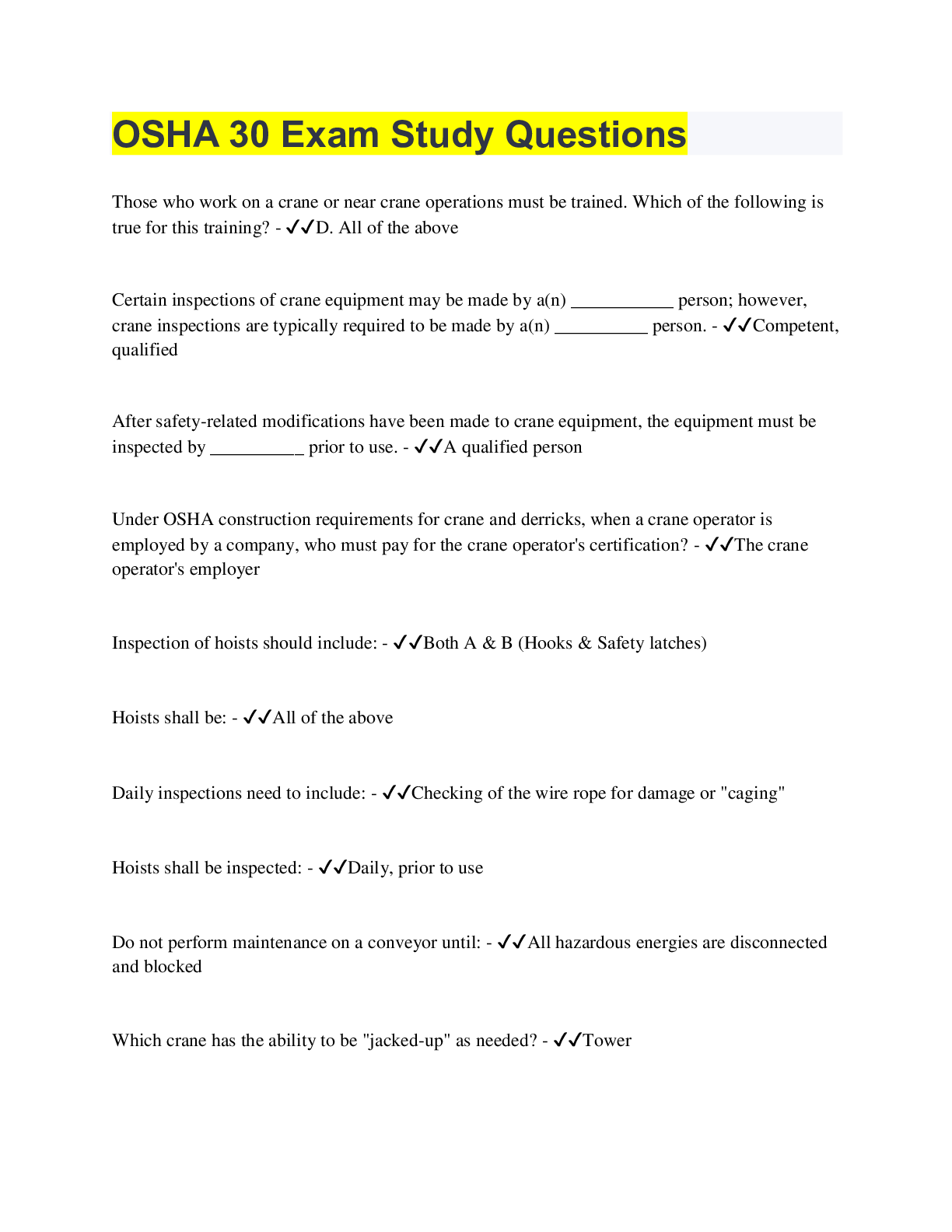 Preview image of OSHA 30 Exam Study Questions document